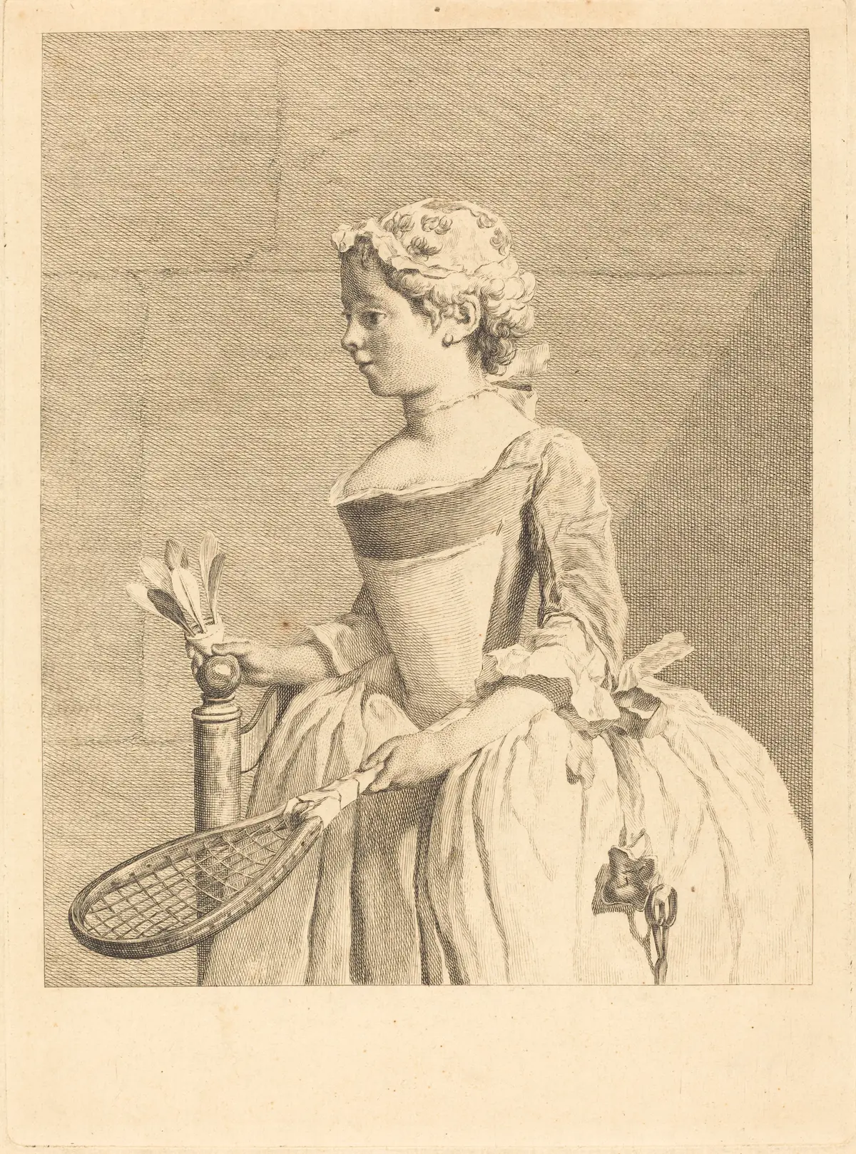 Gravure de Bernard Lépicié d'après Chardin : une jeune fille tient une raquette et un volant à plumes.