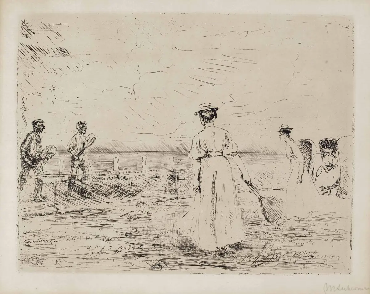 Eau-forte de Max Liebermann : des joueurs de volant sur une plage, en robes et chapeaux.