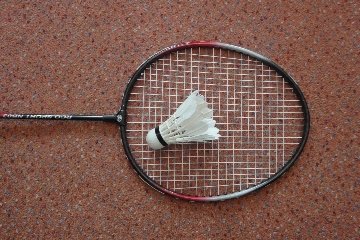 Un volant à plumes posé sur le cordage d’une raquette de badminton.