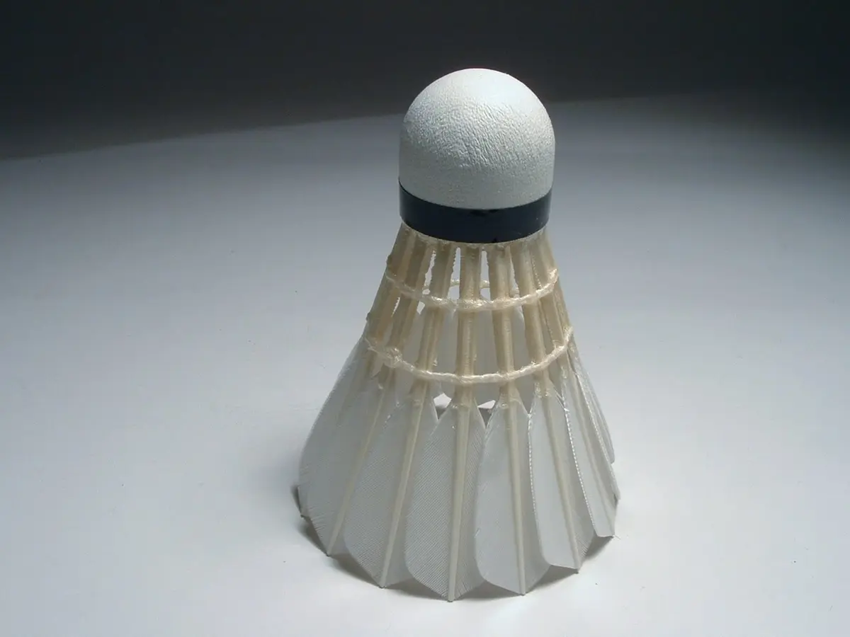 Un volant de badminton en plumes d’oie, vu de profil sur fond blanc.